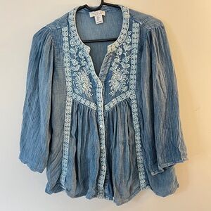 Rachel Zoe | Flowy Embroidered Boho Blouse | Washed Indigo | Size Small